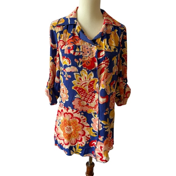 TORY BURCH SHIRT SILK BUTTON FRONT FLORAL ROLL TAB SLEEVE CHEST POCKET VIBRANT 4 - Picture 2 of 13